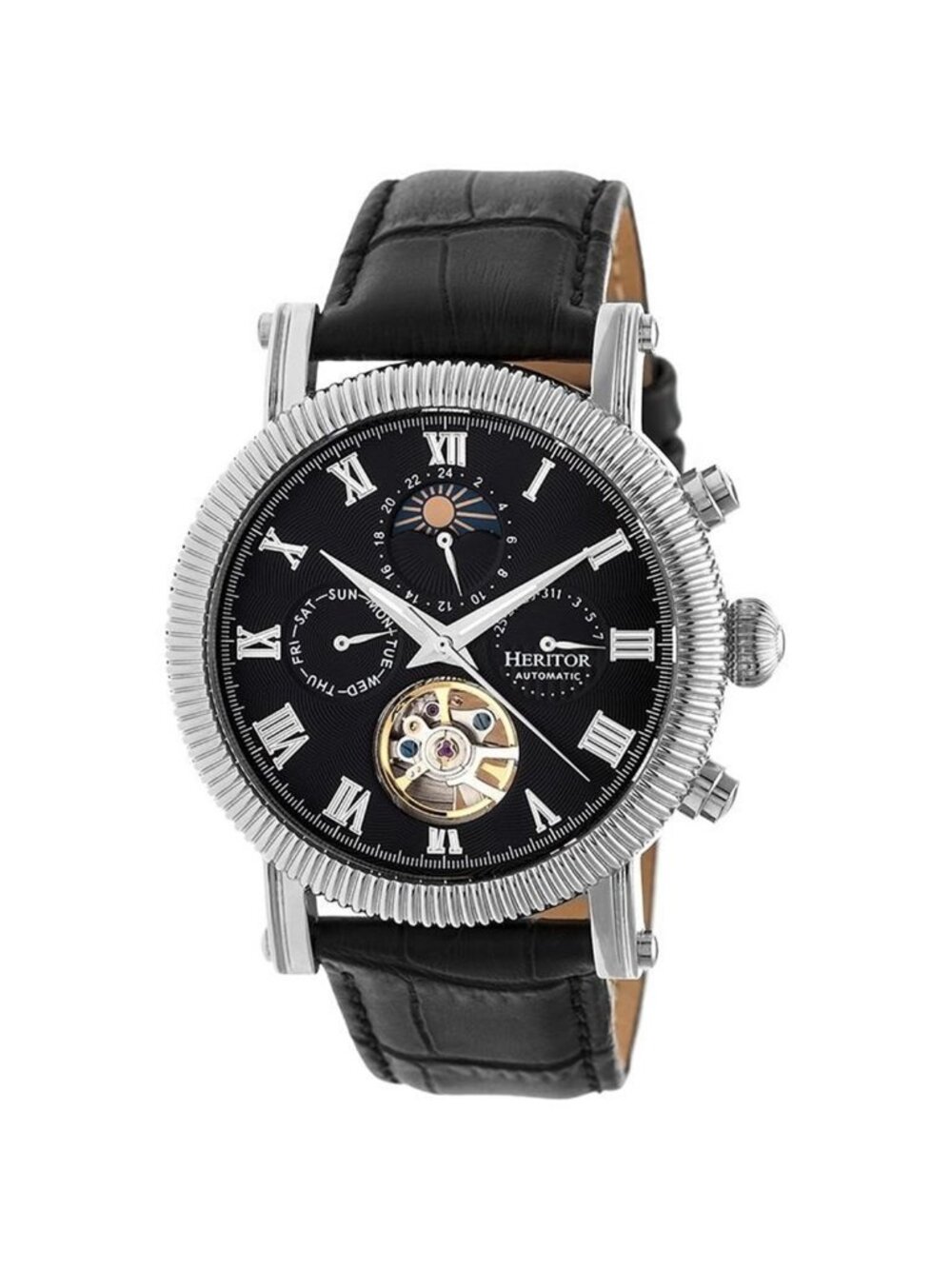 NWT Heritor Winston Silver-tone Case Black Moonphase Dial Black Leather Strap Au